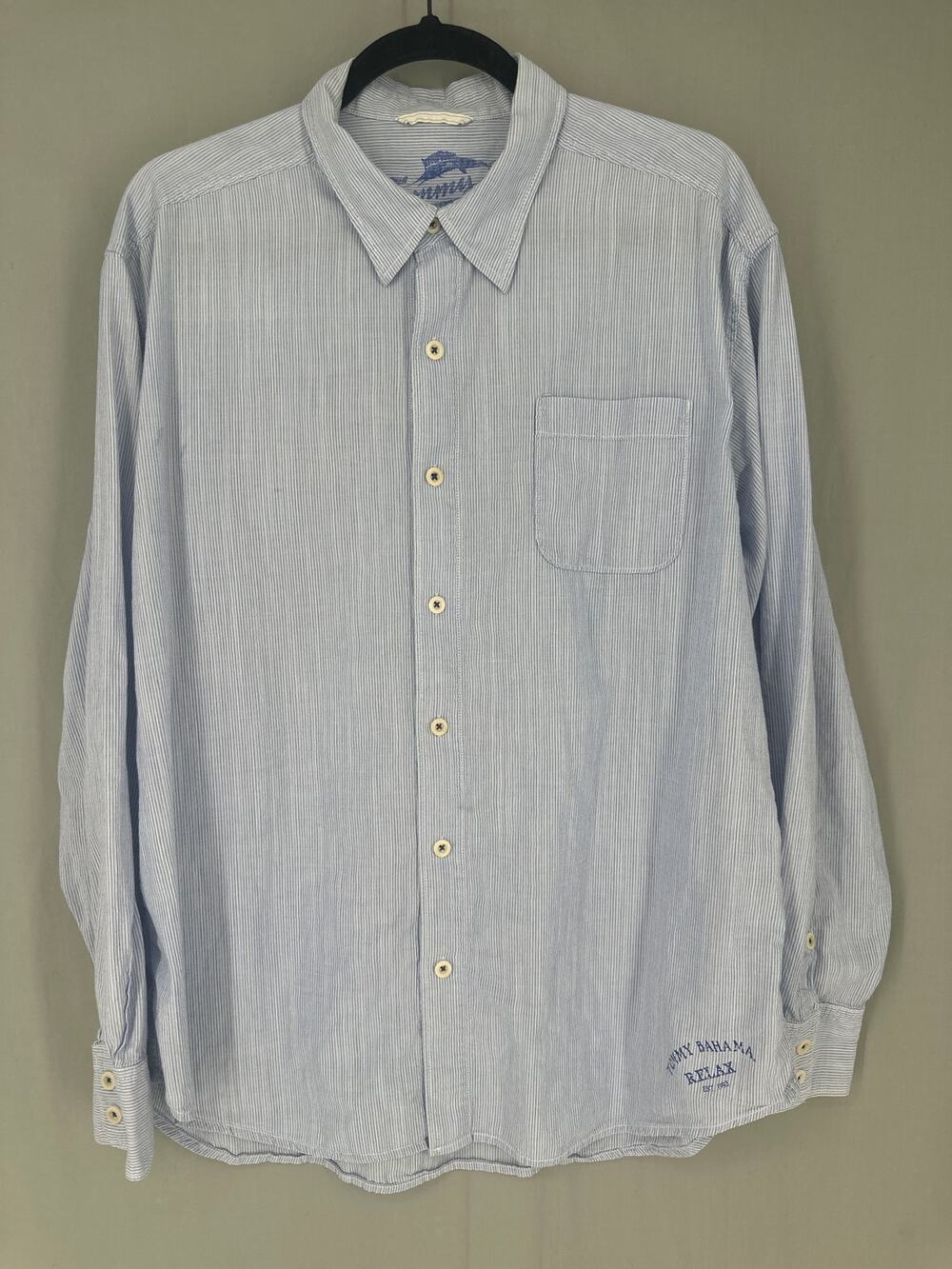 Tommy Bahama Shirt Mens XL Blue Striped Lightweight Summer Beach Cotton Button